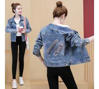 Giacca giubbino giubbetto corta donna bottoni blu denim jeans slim albero D166