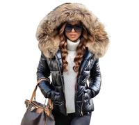 Giacca imbottita da donna, calda, con collo in pelliccia sintetica, con cappuccio, taglia comoda, cerniera, impermeabile, trapunta