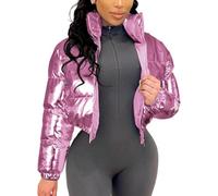 Giacca Imbottita da Donna Y2 Invernale Ritagliata Metallizzata in Tinta Unita Colletto Rialzato con Zip Cappotto Piumino Lucido, Red, S