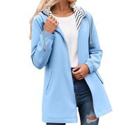 Giacca impermeabile da donna, antivento, a righe, casual, con cappuccio e cerniera, Azzurro, 5XL