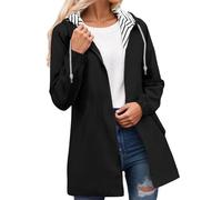 Giacca impermeabile da donna, antivento, a righe, casual, con cappuccio e cerniera, Nero , 5XL