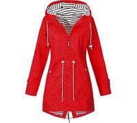 Giacca impermeabile da donna con cappuccio lungo, impermeabile, giacca per la transizione, trench, per attività all'aria aperta, per autunno e inverno, antivento, per alpinismo a righe, Colore: rosso
