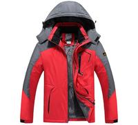 Giacca impermeabile spessa da uomo, giacca a vento da uomo, Full Zip ispessita, giacca funzionale traspirante, con cappuccio staccabile, calda giacca a vento patchwork, taglie forti, Colore: rosso