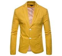 Giacca in cotone e lino, da uomo, vestibilità normale, con collo sciallato, con 2 bottoni, tinta unita, slim fit, sportiva, giacca da uomo, blazer per lavoro, matrimonio, feste, M-4XL, giallo., XXXL