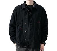 Giacca in denim cargo da uomo, in cotone, con bottoni, a maniche lunghe, da lavoro, con tasca, stile vintage, Nero B, L