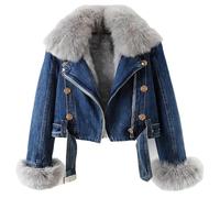 Giacca in denim da donna con pelliccia, calda pelliccia colletto foderato in pelliccia giacca di jeans spessa a pelo lungo invernale rimovibile top corto, Blu scuro, M