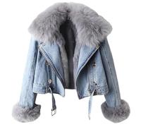 Giacca in denim da donna con pelliccia, calda pelliccia colletto foderato in pelliccia giacca di jeans spessa a pelo lungo invernale rimovibile top corto, Azzurro, S