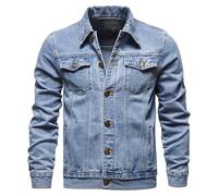 Giacca in denim da uomo, a maniche lunghe, con bottoni, giacche in jeans invecchiato, giacca da camionista, cappotto casual autunnale, Azzurro, L