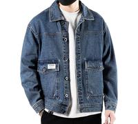 Giacca in denim da uomo, vestibilità larga, in puro cotone, alla moda, stile casual, Blu, XL