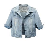 Giacca in Jeans Donna,Lavaggio Vintage a Vento Corta di Maniche Corte vestibilità Aderente Open Frontale Camicia con Colletto Rovesciato per la Mezza Stagione