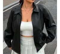 Giacca in pelle corta casual monocromatica in PU con chiusura lampo e spalle scese, versatile per la primavera e l'autunno, per taglie comode 0XL,1XL,2XL,3XL,4XLPoliuretano