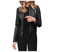 Giacca in pelle da donna, vintage, per autunno, per le mezze stagioni, giacca corta softshell a maniche lunghe, con colletto alto, leggera, da donna, taglie grandi, da motociclista, A001 nero, M