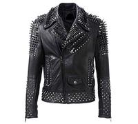 Giacca in pelle da motociclista da uomo, con borchie e borchiate, stile Rock Punk, Nero , XXXL