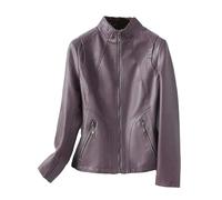 Giacca in pelle di pecora divisa da donna moda slim fit corto cappotto casual chiusura con cerniera colletto stand manica lunga capispalla, Viola, XL