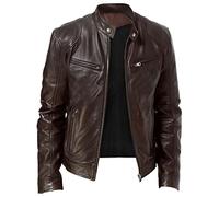 Giacca in pelle marrone da uomo, giacca da motociclista in ecopelle con cerniera, maniche lunghe, slim fit, giacca bomber con colletto rialzato, fodera in pile per autunno e inverno, comodo cappotto