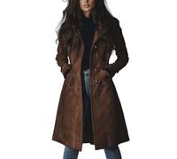 Giacca in pelle scamosciata per le donne Autunno Retro Doppio Petto Classico Risvolto Sottile Signore Faux Suede Cappotto Elegante Camoscio Lungo Trench Cappotto, Marrone, M