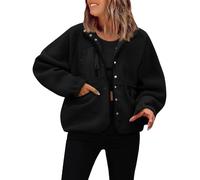 Giacca in pile da donna, a maniche lunghe, con bottoni, in sherpa, con tasche, Nero , XL