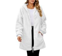 Giacca in pile da donna chic calda autunno inverno cappotto lungo con cappuccio zip, bianco, L