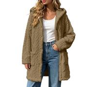 Giacca in pile da donna, con bottoni, per autunno e inverno, confortevole, con cappuccio, marrone, L