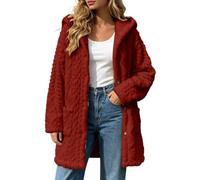 Giacca in pile da donna, con bottoni, per autunno e inverno, confortevole, con cappuccio, Vino, L