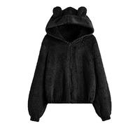 Giacca in pile da donna con cappuccio, con belle orecchie, per autunno e inverno, per le mezze stagioni, giacca trapuntata, a maniche lunghe, con coulisse, Nero , L