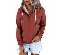 Giacca in pile da donna con cappuccio, da donna, in cotone, con cappuccio, in velluto, con coulisse, con bottoni, tinta unita, comoda felpa alla moda, rosso mattone, XL