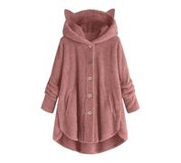 Giacca in pile da donna con cappuccio, lunga durata, con cappuccio, tinta unita, per le mezze stagioni, giacca invernale spessa, con bottoni, giacca sportiva oversize, Rosso anguria., 4XL