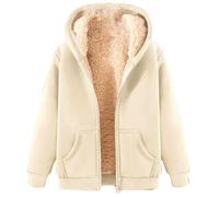 Giacca in pile da donna, invernale, in pile con cappuccio, con chiusura a strappo, per lavori all'aria aperta e da indossare tutti i giorni, beige., XXL