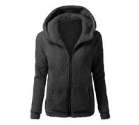 Giacca in pile da donna, lunga, grandi dimensioni, con cappuccio, in pile, tinta unita, con chiusura lampo, vestibilità sottile, con cappuccio, oversize, con cappuccio, Nero , XXL