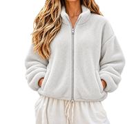 Giacca in pile da donna, oversize, con cerniera a due vie, calda | Giacca invernale con tasche, tinta unita, in pile, per le mezze stagioni, per attività all'aperto e il tempo libero