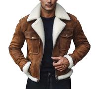 Giacca in pile da uomo, stile vintage, con risvolto ampio, top in pelle | Giacca a vento foderata in finto montone giacche da camionista retrò con tasche sul petto alla moda giacche bomber invernali