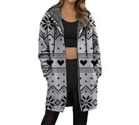 Giacca in pile lunga natalizia 2026, con stampa festiva, invernale, accogliente, foderata, con cerniera intera, per la stagione fredda, Grigio, L