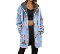 Giacca in pile lunga natalizia 2026, con stampa festiva, invernale, accogliente, foderata, con cerniera intera, per la stagione fredda, Blu, XXL