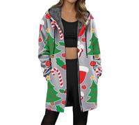 Giacca in pile lunga primaverile 2026, con stampa festiva, invernale, accogliente, foderata, con cerniera intera, per la stagione fredda, Grigio, 3XL