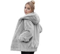 Giacca in pile pelosa da donna 2025 con cappuccio, vestiti invernali alla moda, taglie forti, giacche foderate in sherpa con cerniera, Grigio, 3XL