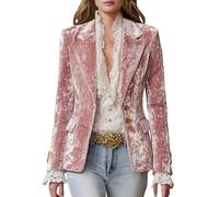 Giacca in velluto da donna, classica, vintage, con un bottone, risvolto, aperta sul davanti, aderente, blazer, casual, per lavoro e ufficio, capospalla, rosa chiaro, M