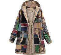 Giacca invernale da donna con bottoni, patchwork, foderata in pile Sherpa, con cappuccio, a maniche lunghe, con tasche, Verde scuro, 3XL