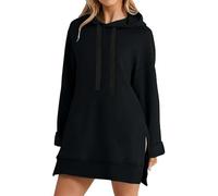 Giacca invernale da donna, lunga, calda, con cappuccio, in cotone, con cappuccio, con maniche lunghe, apertura laterale, tinta unita, per le mezze stagioni, con coulisse, Nero , m