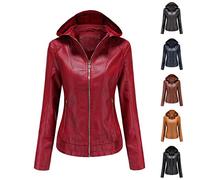 Giacca Invernale in Pelle con Cappello Giacchetto in Ecopelle Donna Giubbotto Manica Lunga Capispalla con Cerniera Giubbino Similpelle Cappotto Moto Giacche Vintage cappotti Cappottino Donna Corto