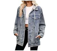 Giacca Jeans Donna Button Down Boyfriend Jean Jacket Cappotto di con Scialle Lavaggio Casual Tasche estiva in denim Tinta Unita Larghi Leggero Per Primavera Autunno