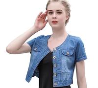 Giacca Jeans Donna, Giacca di Jeans A Maniche Corte da Donna Cardigan Abbottonato Estivo Scialle Ritagliato Cappotto di Jeans Elasticizzato Lavaggio Vintage Faded Jean Shrug Jacket Top per Abito,Blu