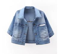 Giacca Jeans Donna, Giacca Di Jeans A Maniche Corte Da Donna Moda Blu Chiaro Risvolto Con Bottoni Scialle Ritagliato Cappotto Di Jeans Lavaggio Vintage Faded Jean Shrug Jacket Summer Casual Denim Ou
