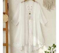 Giacca kimono casual da donna taglie forti, in pizzo bianco con inserti, manica 3/4, adatta per le prime vacanze primaverili 0XL,1XL,2XL,3XL,4XLColore unicoTessuto intrecciato