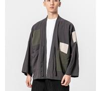 Giacca Kimono Uomo In Cotone E Lino Splice Patch Cardigan Largo Giapponese