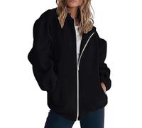 Giacca leggera da donna chic con cerniera da donna, taglie forti, con tasca, felpa casual, cappotti da autunno e tinta unita, tinta unita, tuta corta da loungewear giornaliera, Nero , XXXL