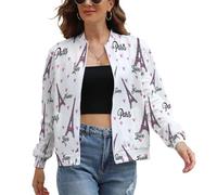 Giacca Leggera Primaverile Donna, Bomber Pilota Fumetto Architettura Elegante con Tasche, Rosa Torre Eiffel Cappotto Antivento Zip Up Casual Outwear Autunno Giacca a Vento L