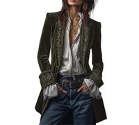Giacca lunga ricamata in velluto di poliestere blu navy, giacca in velluto da donna, giacca da pirata, cappotto steampunk di Halloween, Verde, S