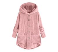 Giacca morbida da donna, in pile, da donna, calda, lunga, con cappuccio, a maniche lunghe, per le mezze stagioni, con bottoni, giacca invernale spessa, giacca sportiva oversize, Colore: rosa., L
