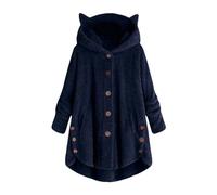 Giacca morbida da donna, morbida, taglie forti, giacca in pile, da donna, calda, invernale, con cappuccio, con bottoni, giacca invernale, taglie forti, giacca da lavoro oversize, Blu marino, XL