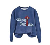 Giacca natalizia da donna, in pile, con stampa Merry Christmas, a maniche lunghe, morbida, con stampa, felpa invernale in peluche, per regali di Natale, Blu, S